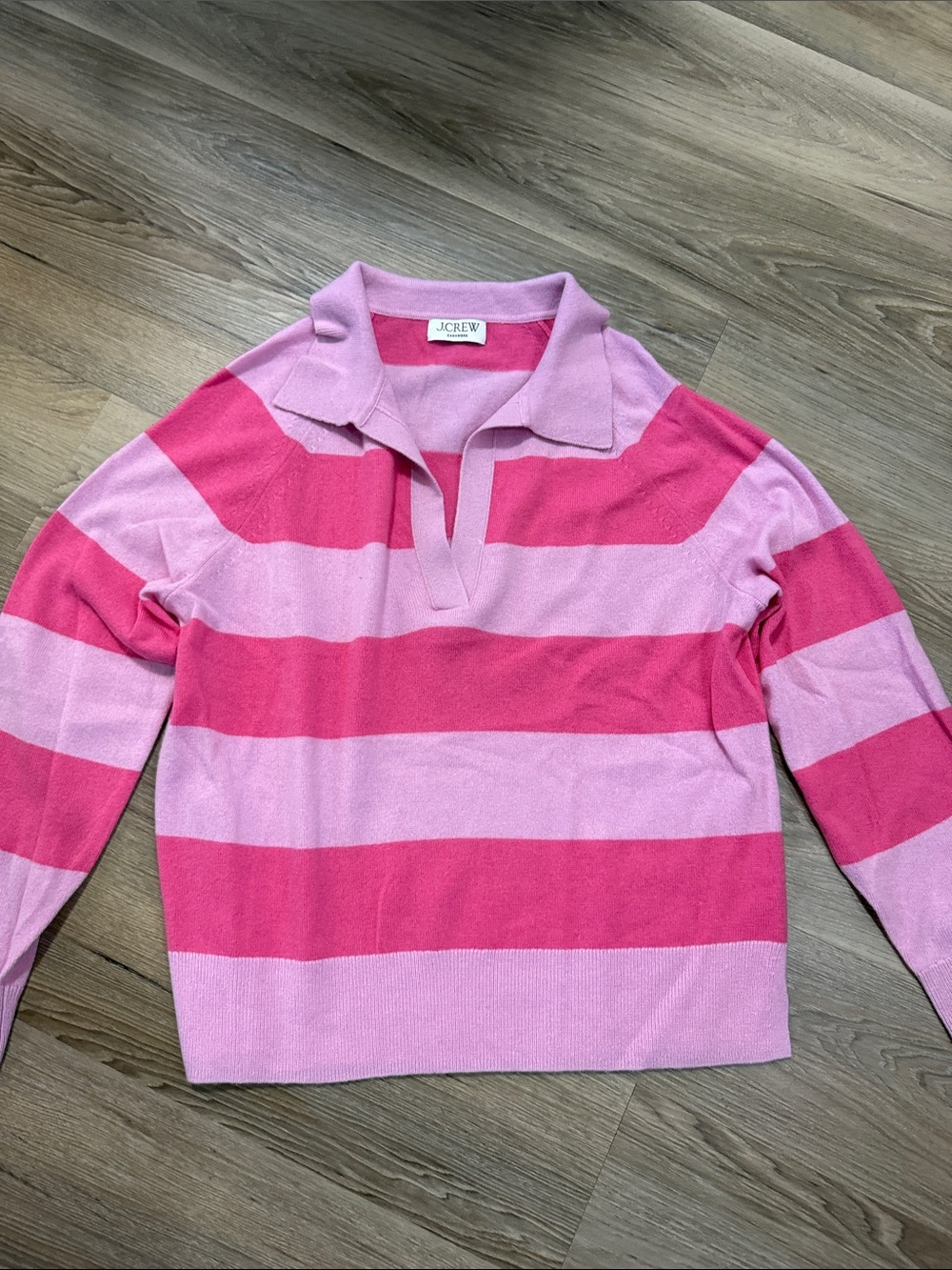 J. Crew Pink and Light Pink Striped V-Neck Polo Cashmere Sweater